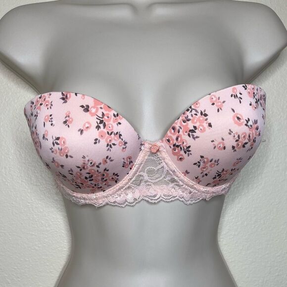 Laura Ashley Pink Peach Floral Strapless Push Up Bra Lace Women 34C No Straps - Picture 3 of 15